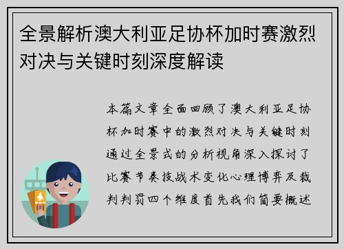 全景解析澳大利亚足协杯加时赛激烈对决与关键时刻深度解读