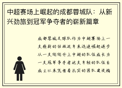 中超赛场上崛起的成都蓉城队：从新兴劲旅到冠军争夺者的崭新篇章