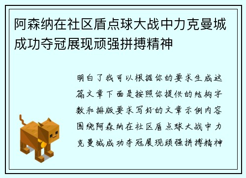 阿森纳在社区盾点球大战中力克曼城成功夺冠展现顽强拼搏精神