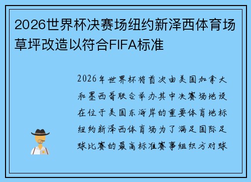 2026世界杯决赛场纽约新泽西体育场草坪改造以符合FIFA标准